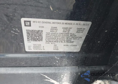 2020 Chevrolet Equinox Fwd Lt 1.5L Turbo z USA, uszkodzony, nr VIN 3GNAXKEV4LS701547